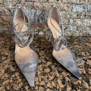 Mach & Mach Crystal Bow PVC Ankle Wrap Pumps
